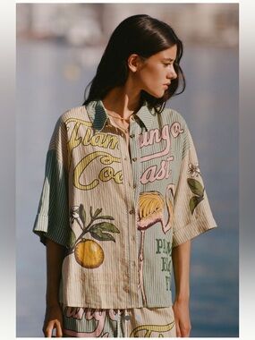 Anthropologie NWT linen-blend Sz XS super fun tropical print button shirt